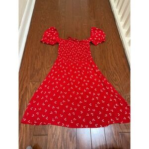 Faithfull The Brand Red Floral Smocked Puff Sleeve Mini Dress Size S Cottagecore